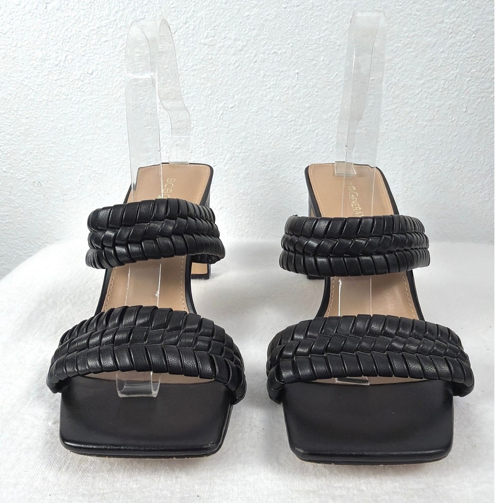 BCBGeneration Black Braided Double Strap Square Toe Block Heel Sandals Size 9